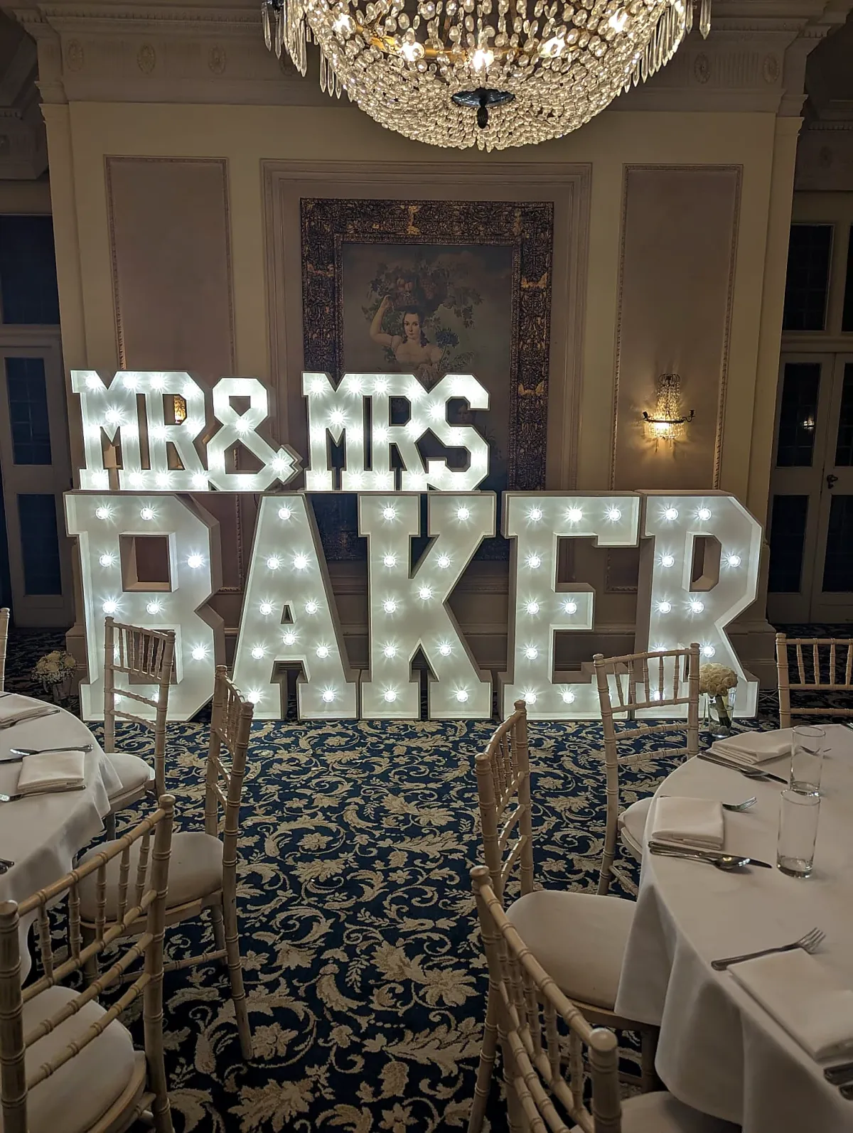 Large illuminated wedding letters arranged for a Farnham reception